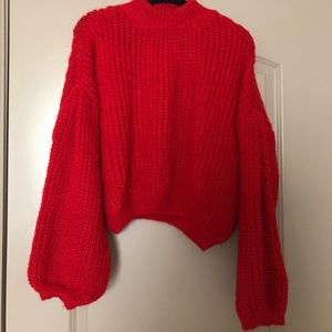Red mock neck balloon sleeve sweater